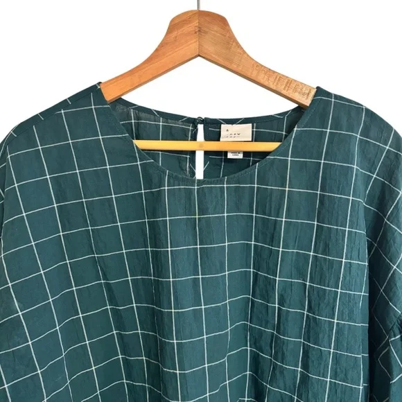 A new day green & white plaid windowpane peplum smock puff sleeve top size XL - Picture 3 of 14